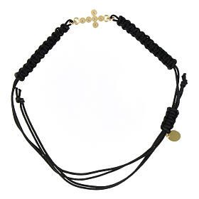 Agios bracelet of black fabric with cross of rosé rhinestones, gold plated 925 silver