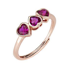 Amen ring of rosé 925 silver and pink rhinestones, heart trilogy