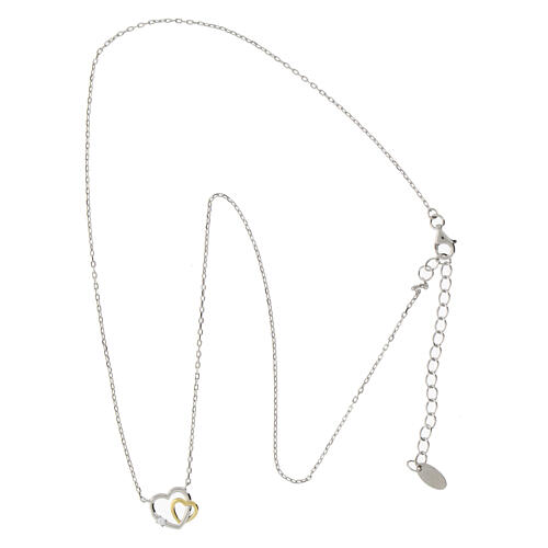 Amen necklace of gold and rhodium-plated 925 silver, intertwined hearts with rhinestone 2