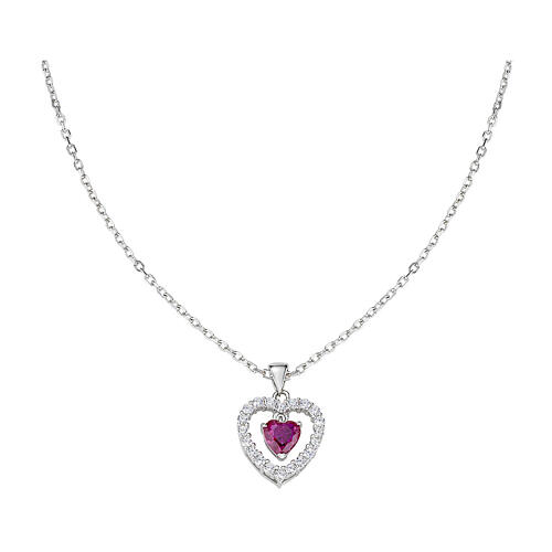Amen necklace with concentric hearts, 925 silver, pink and rhinestones 1