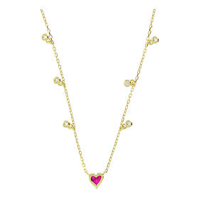 Necklace of gold plated 925 silver with dangle charms, pink heart and white round rhinestones