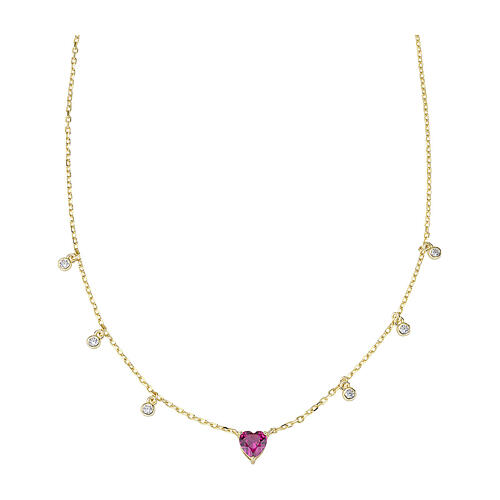 Necklace of gold plated 925 silver with dangle charms, pink heart and white round rhinestones 1