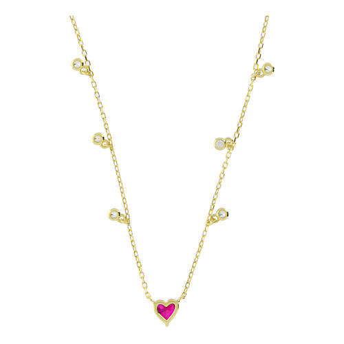 Necklace of gold plated 925 silver with dangle charms, pink heart and white round rhinestones 2