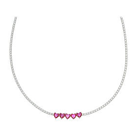 Amen tennis necklace with five hearts, red rhinestones