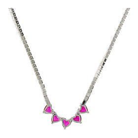Amen tennis necklace with five hearts, red rhinestones