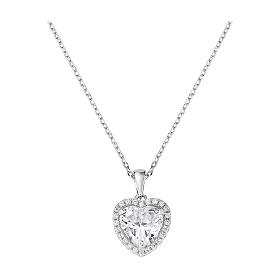Amen necklace with heart-shaped pendant, rhodium-plated 925 silver and white rhinestones