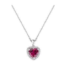 Amen necklace with heart-shaped red pendant, rhodium-plated 925 silver and rhinestones