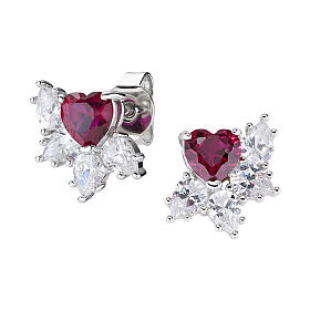 Amen flower-shaped stud earrings, 925 silver and white and red rhinestones