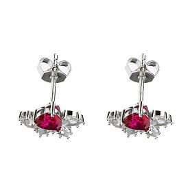 Amen flower-shaped stud earrings, 925 silver and white and red rhinestones