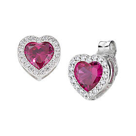 Heart stud earrings rhodium plated silver 925 red zircon Amen 