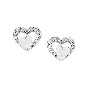 Amen stud earrings, concentric hearts, rhodium-plated 925 silver and white rhinestones