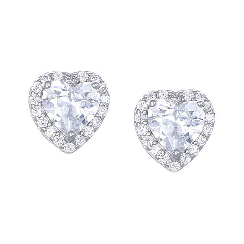 Amen stud earrings, heart of white rhinestones, rhodium-plated 925 silver 1