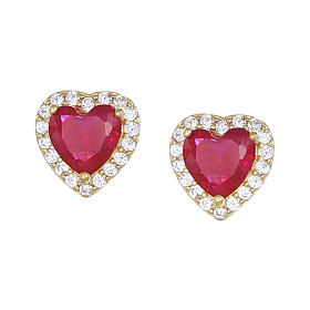 Amen stud earrings, heart of red and white rhinestones, gold plated 925 silver