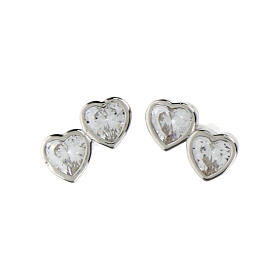 Amen stud earrings, double hearts, white rhinestones and 925 silver