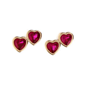 Amen stud earrings, double hearts, red rhinestones and gold plated 925 silver
