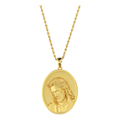 Amen necklace with Jesus' face, 925 silver with brushed gold finish 1