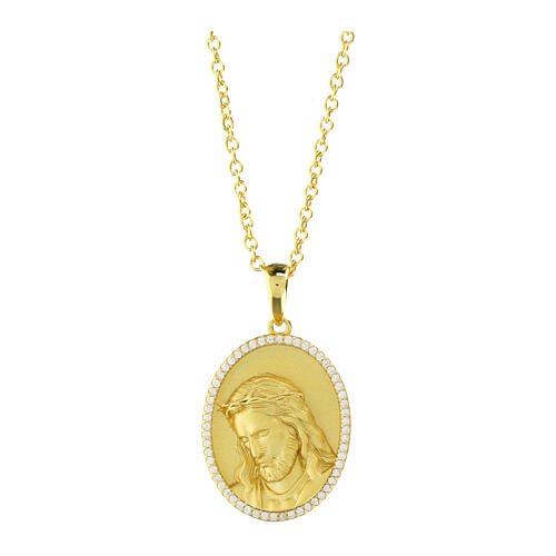 Amen necklace with Jesus' face, 925 silver with brushed gold finish and rhinestones 1