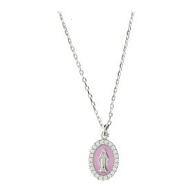 Virgin Mary necklace pink enamel silver 925 zircons rhodium finish Amen