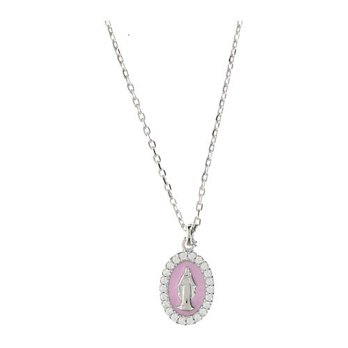 Virgin Mary necklace pink enamel silver 925 zircons rhodium finish Amen 1