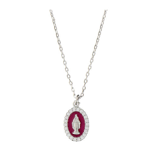 Amen necklace with medal of Mary Immaculate, 925 silver, burgundy enamel and rhinestones 1