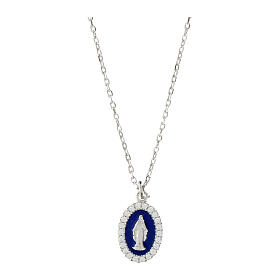 Collier émail bleu argent 925 Vierge Miraculeuse avec zircons Amen