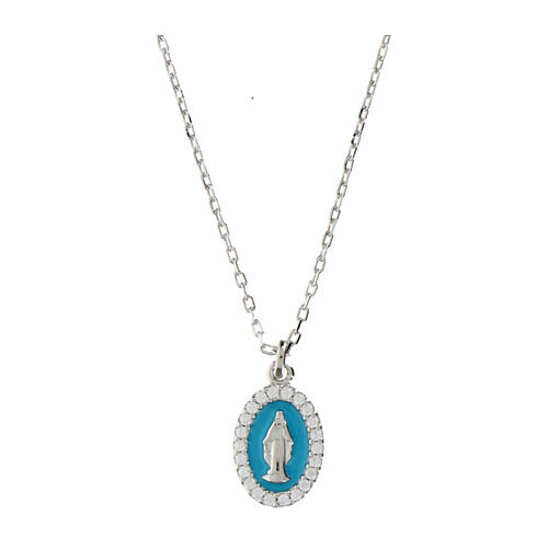 Amen necklace with medal of Mary Immaculate, 925 silver, turquoise enamel and rhinestones 1