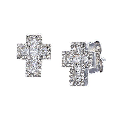 Cross-shaped stud earrings by Amen, white rhinestones and rhodium-plated 925 silver 1