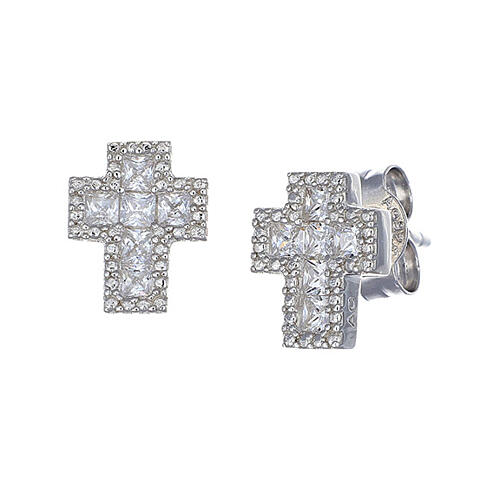 Amen 925 silver cross earrings with white zircons, rhodium finish 1