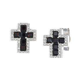 Cross-shaped stud earrings by Amen, black and white rhinestones and rhodium-plated 925 silver