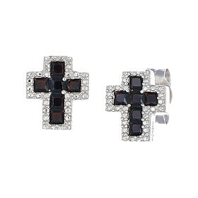 Black cross earrings in 925 silver with white zircons Amen rhodium finish