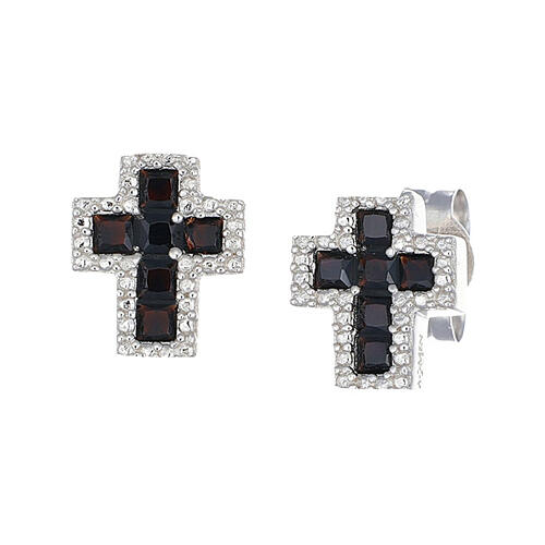 Black cross earrings in 925 silver with white zircons Amen rhodium finish 1
