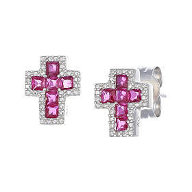Cross-shaped stud earrings by Amen, red and white rhinestones and rhodium-plated 925 silver