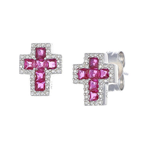 Boucles d'oreilles argent 925 zircons blancs Amen croix rouge 1