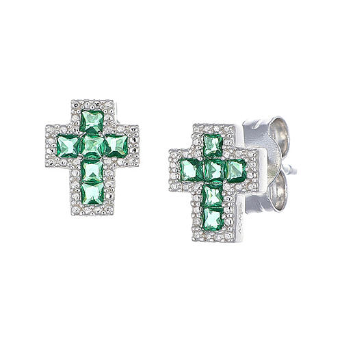 Cross-shaped stud earrings by Amen, green and white rhinestones and rhodium-plated 925 silver 1