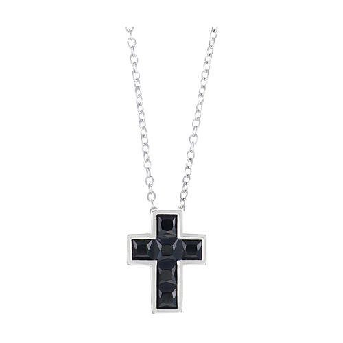 Amen necklace of rhodium-plated 925 silver, black rhinestone cross 1