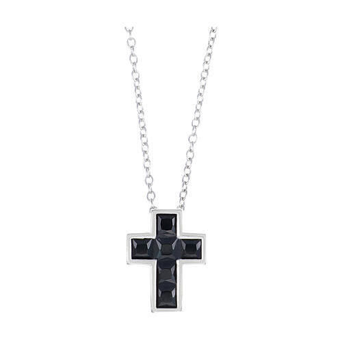 Collier Amen en argent 925 avec croix pendentif zircons noirs et fin. rhodié 1