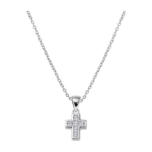 Amen necklace of 925 silver, rhodium-plated finish, cross-shaped pendant with white rhinestones 1