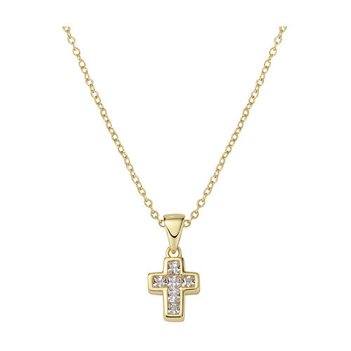 Amen necklace of 925 silver, gold plated finish, cross-shaped pendant with white rhinestones 1