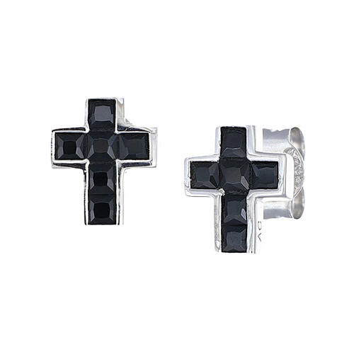 Amen cross-shaped earrings, rhodium-plated 925 silver and black rhinestones 1