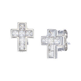 Amen cross-shaped earrings, rhodium-plated 925 silver and white rhinestones