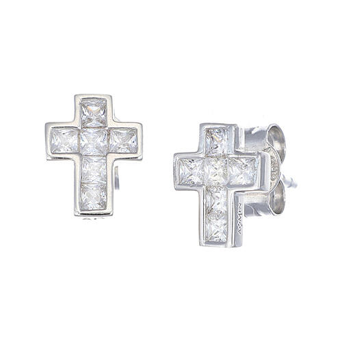 Amen cross-shaped earrings, rhodium-plated 925 silver and white rhinestones 1