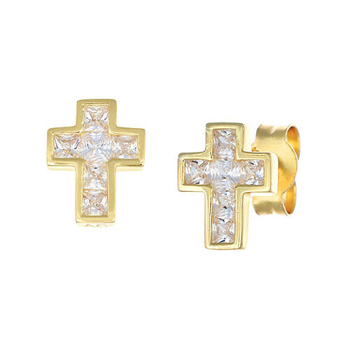 Amen cross-shaped earrings, gold plated 925 silver and white rhinestones 1