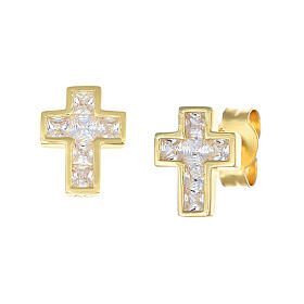 Amen gold earrings with white zircons and cross in 925 silver