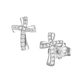 Boucles d'oreilles argent 925 zircons blancs croix fin. rhodiée Amen