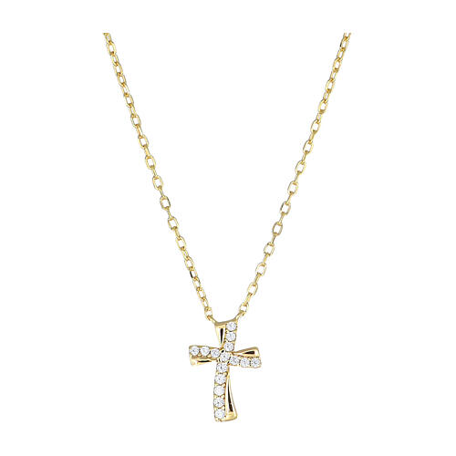Amen necklace with curved cross-shaped pendant, white rhinestones and gold plated 925 silver 1