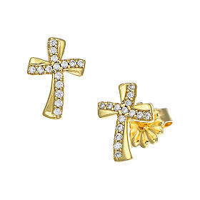 Amen earrings with cross shape, white rhinestones and gold plated 925 silver