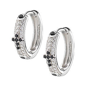 Amen huggie earrings, black and white rhinestones, rhodium-plated 925 silver