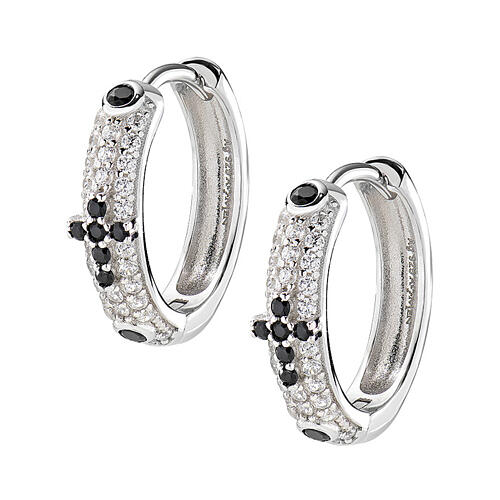 Amen huggie earrings, black and white rhinestones, rhodium-plated 925 silver 1