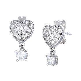 Amen earrings with heart and white rhinestone, rhodium-plated 925 silver