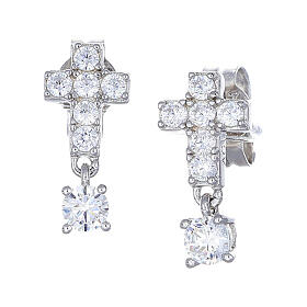 Amen earrings with cross and white rhinestone, rhodium-plated 925 silver